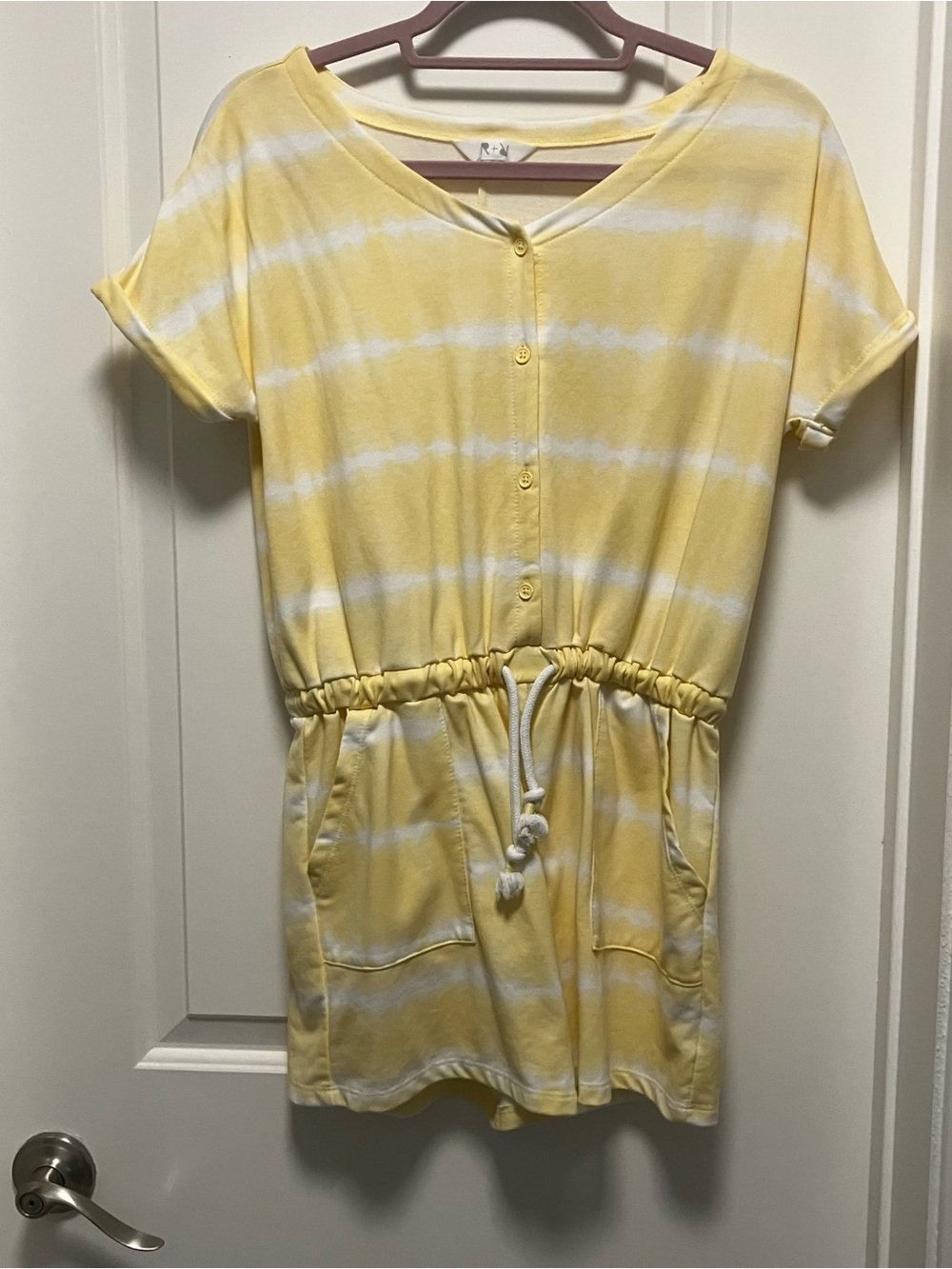 R+R Women's XL Yellow White Striped Romper Drawstring Waist Pockets